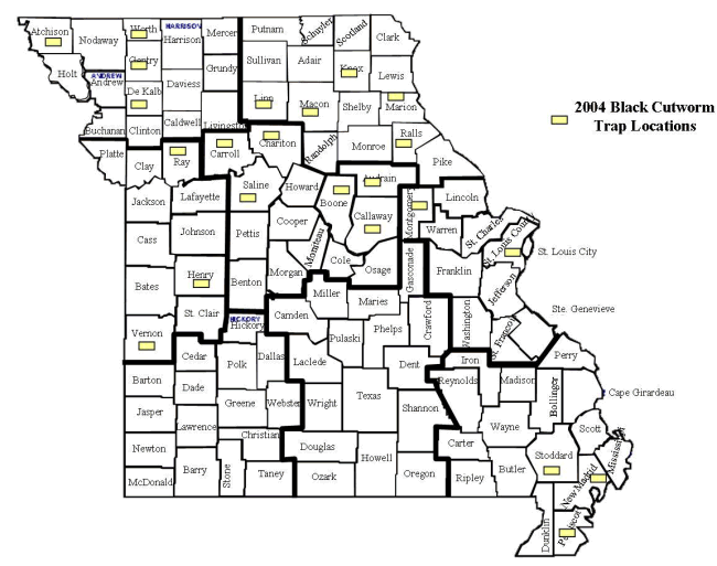 Map of black cutworm pheromone traps in Missouri